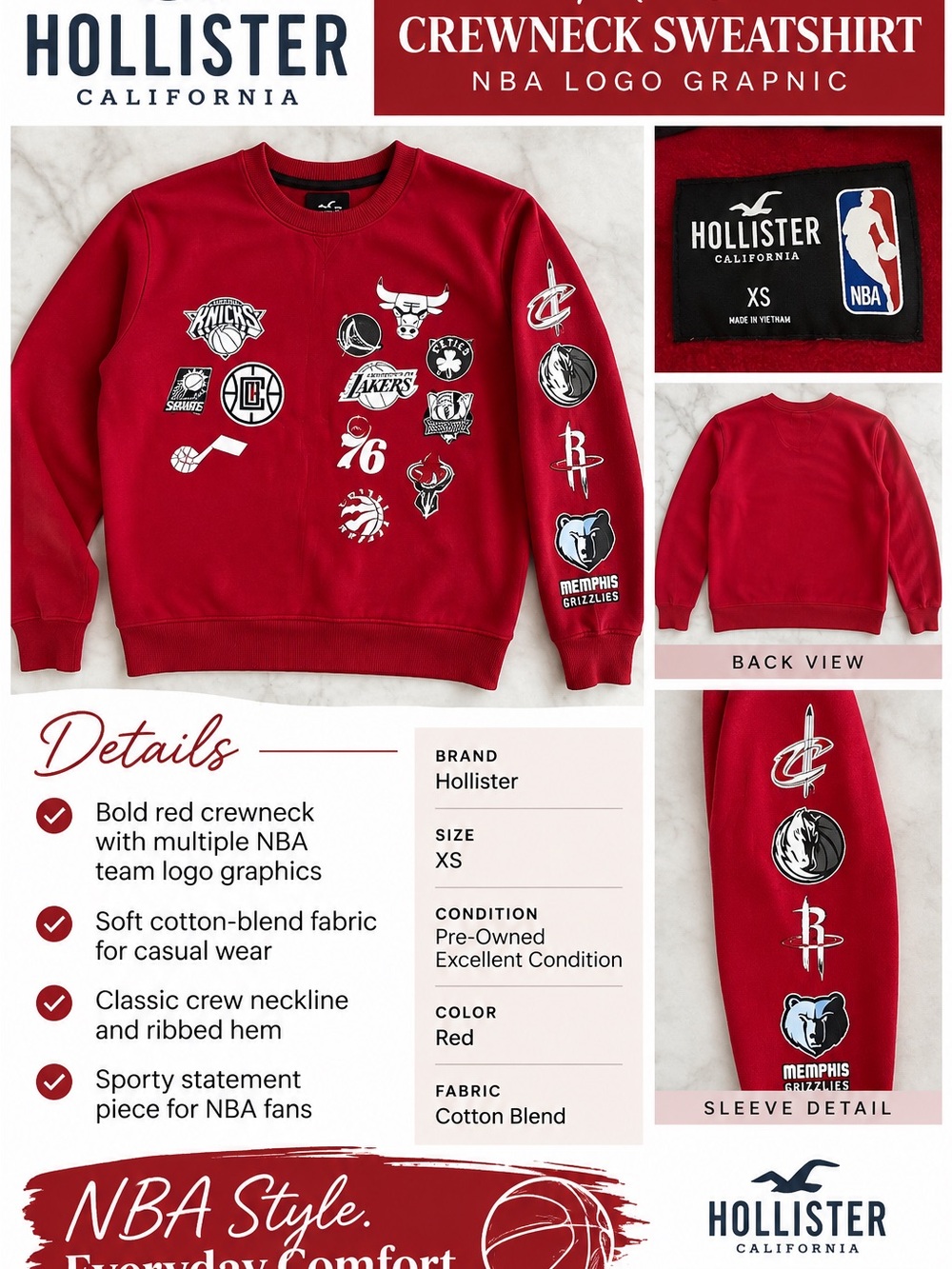 Hollister Red NBA Logos Crewneck Sweatshirt